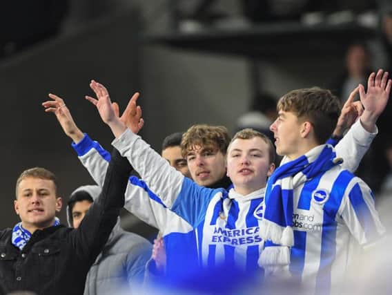 Albion fans celebrate the late winner against Crystal Palace. Picture by Phil Westlake (PW Sporting Photography)