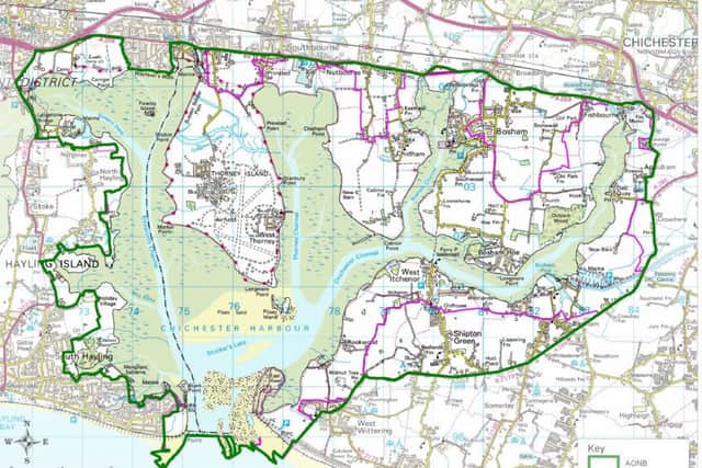 A map of Chichester AONB. The northern boundary, the A259, is subject to increasing numbers of homes applications