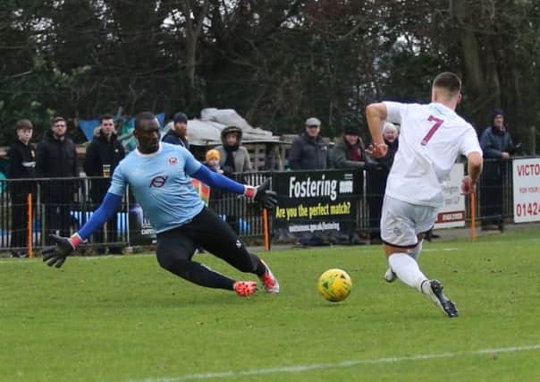 Davide Rodari about to score Hastings United's second goal in last weekend's 5-2 loss at home to Greenwich Borough. Picture courtesy Scott White
