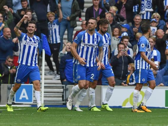 Brighton celebrate their first goal in the 3-1 win against West Brom in September. Picture by Phil Westlake (PW Sporting Photography)