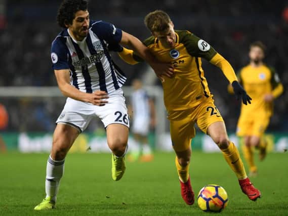 Solly March battles away with Ahmed Hegazi. Picture by Phil Westlake (PW Sporting Photography)