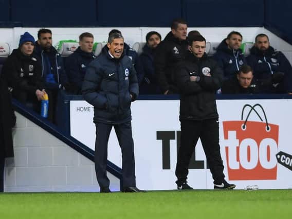 Chris Hughton shouts instructions at the Hawthorns. Picture by Phil Westlake (PW Sporting Photography)