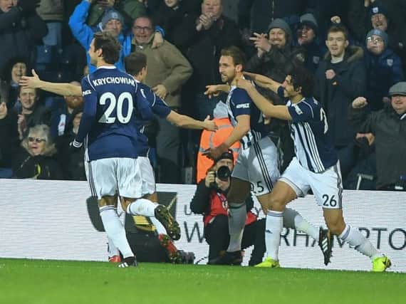 West Brom celebrate their second goal against Brighton on Saturday. Picture by Phil Westlake (PW Sporting Photography)
