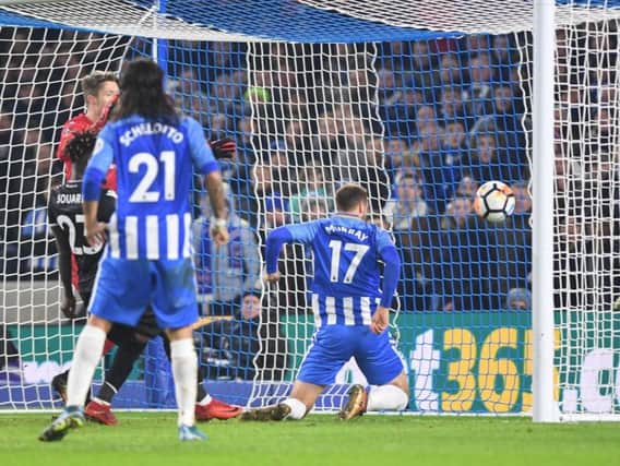 Glenn Murray's late goal against Palace goes in - and VAR proved it did not brush his arm / Picture by PW Sporting Photography