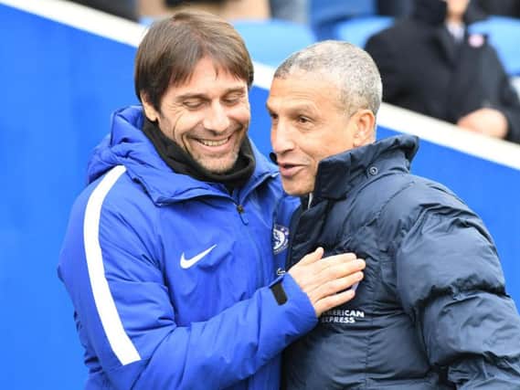 Brighton boss Chris Hughton (right) felt his side should have been awarded in the defeat to Chelsea this afternoon. Picture by Phil Westlake (PW Sporting Photography)