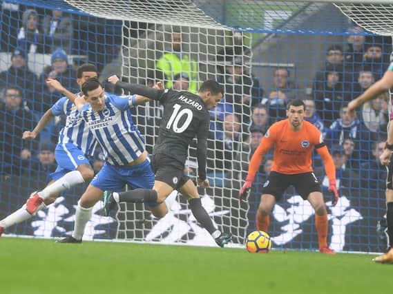 Eden Hazard fires home Chelsea's first goal. Picture by Phil Westlake (PW Sporting Photography)