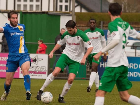 Harvey Whyte on the ball in Bognor's home defeat to Wealdstone / Picture by Tommy McMillan