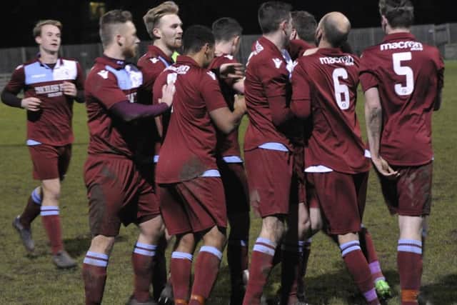 Little Common celebrate their final goal in last week's 3-0 win at home to Ringmer.