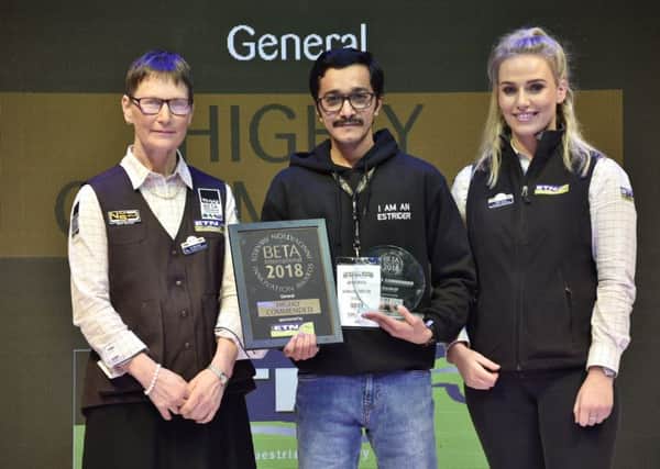 Stride Innovations managing director Arpan Bhatia accepts a Highly Commended certificate in the BETA International Innovation Awards General category from sponsor ETN magazines editor, Liz Benwell (left), and advertising sales executive, Beth Crow