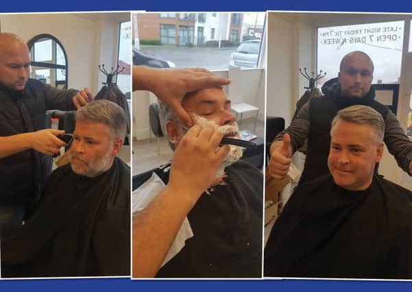 Tim having his beard shaved off at Tarik the Turkish barber in Dominion Road, East Worthing