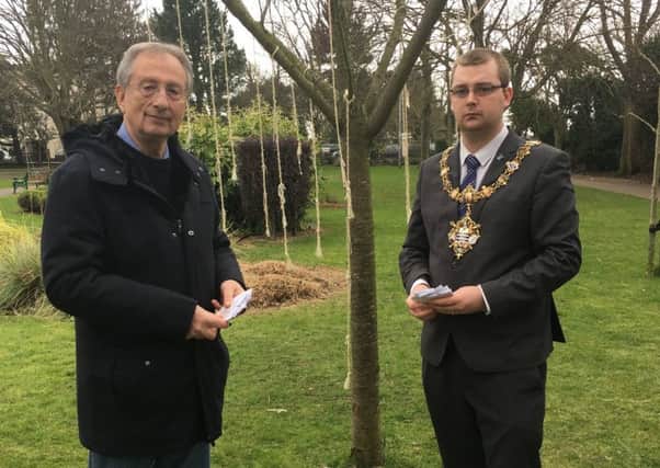 David Shinegold with Worthing mayor Alex Harman by the Holocaust Tree of Life in Beach House Park