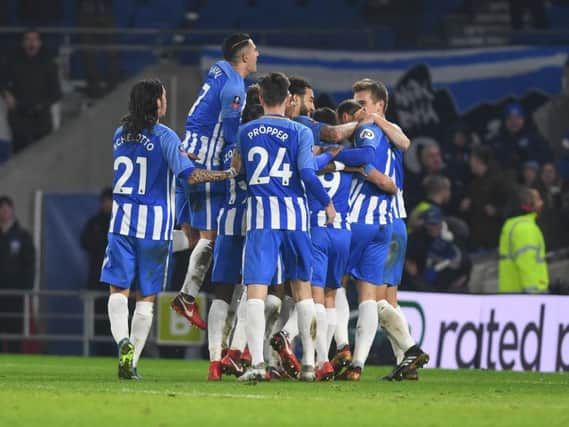 Brighton celebrate Glenn Murray's late winner against Crystal Palace in the FA Cup third round. Picture by Phil Westlake (PW Sporting Photography)