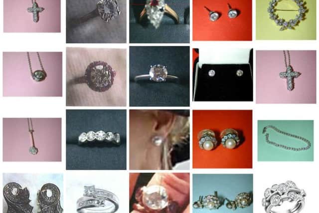 Diamonds stolen by the burglar, believed to be responsible for seven violent burgaries in the South East. Surrey Police