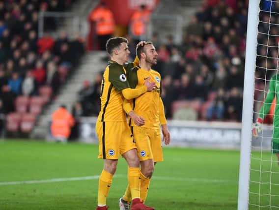 Glenn Murray celebrates with Solly March having given Brighton & Hove Albion the lead from the penalty spot against Southampton. Picture by PW Sporting Pics