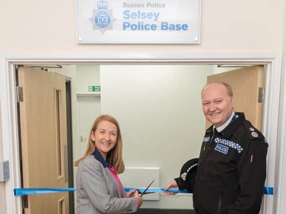 Katy Bourne and Giles York cutting the ribbon on the new police base