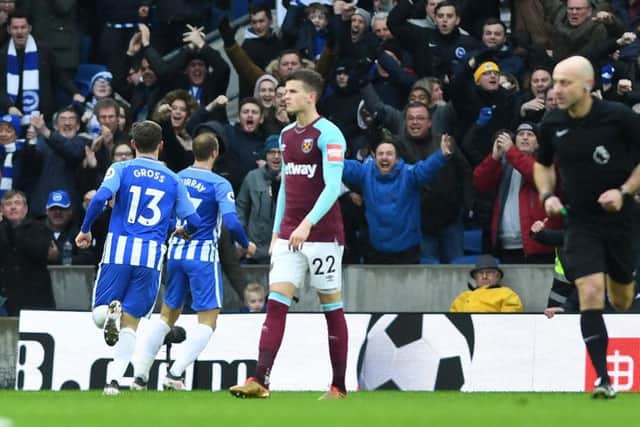Glenn Murray celebrates having given Brighton & Hove Albion the lead against West Ham. Picture by PW Sporting Photography