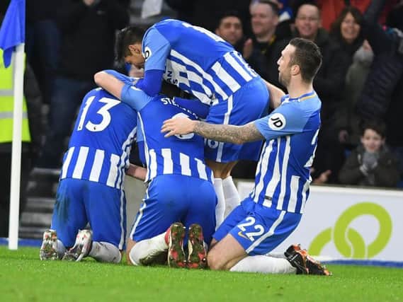 Brighton celebrate their third goal against West Ham. Picture by Phil Westlake (PW Sporting Photography)