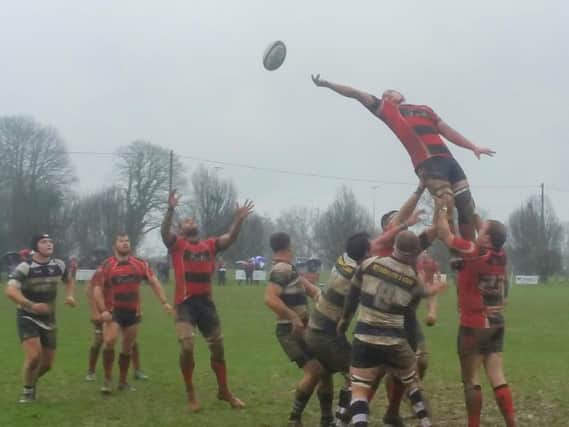 Heath number 8 Nick Main rising high above the opposition at the lineout