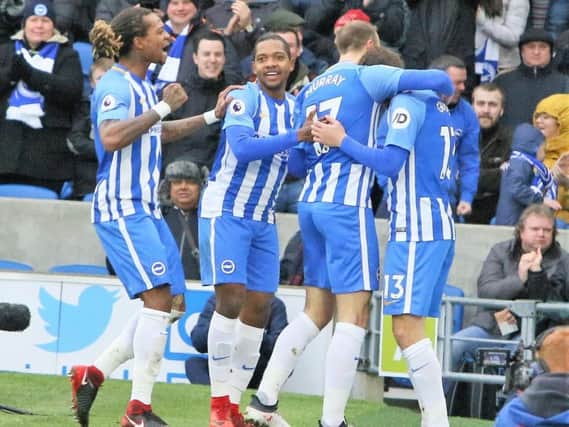 Brighton celebrate a goal against West Ham on Saturday. Picture by Angela Brinkhurst
