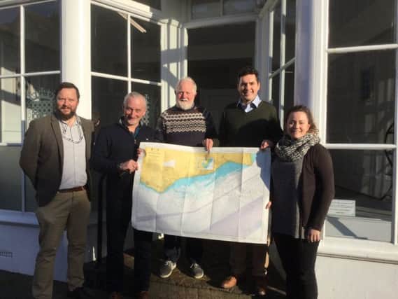 L-R: Peter Richardson (Marine Conservation Society), Tim MacPherson (director of Angling Trust), Steve Hanks (angler and owner of Hook, Line and Sinker in Bexhill), Huw Merriman MP, Alice Tebb (Marine Conservation Society)