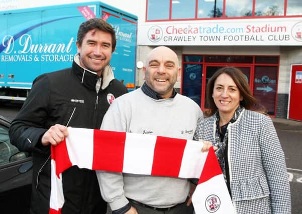DM1820882a.jpg. Crawley Town FC announces Pay What You Can day. L to R Harry Kewell, Jason Hayes and Kelly Deham. Photo by Derek Martin Photography. SUS-180502-180426008