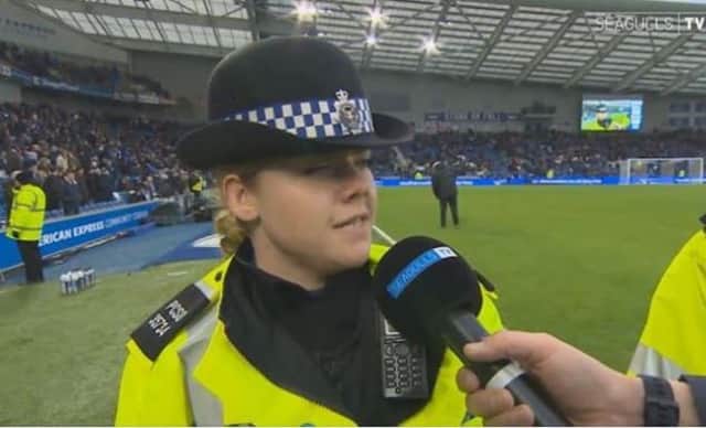 PCSO Cyndie Noakes speaking at the Amex (Photograph: Sussex Police)