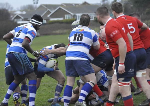 Hastings & Bexhill in possession against Aylesford Bulls. Pictures by Simon Newstead