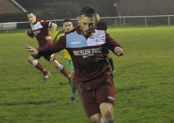 Jamie Crone, pictured here against Hailsham Town last Tuesday, struck twice in Little Common's 3-1 win away to Storrington.