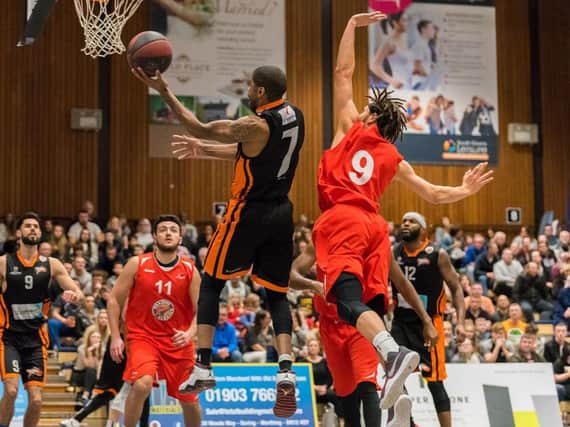 Jorge Ebanks attempts a basket during the weekend win over Reading Rockets. Picture by Kyle Hemsley