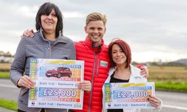 Annabelle Fontaine and Alison with Jeff Brazier after winning Â£25,000 from the postcode lottery