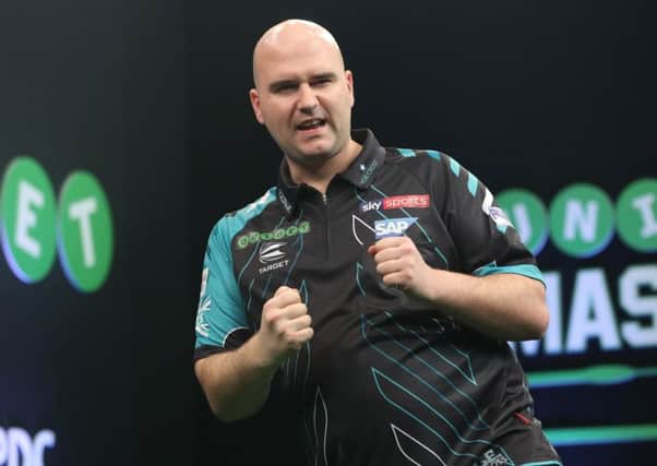 Rob Cross, pictured here at the recent Unibet Masters, won five matches to reach the semi-finals of Coral UK Open Qualifier 4 today. Picture courtesy Lawrence Lustig/PDC