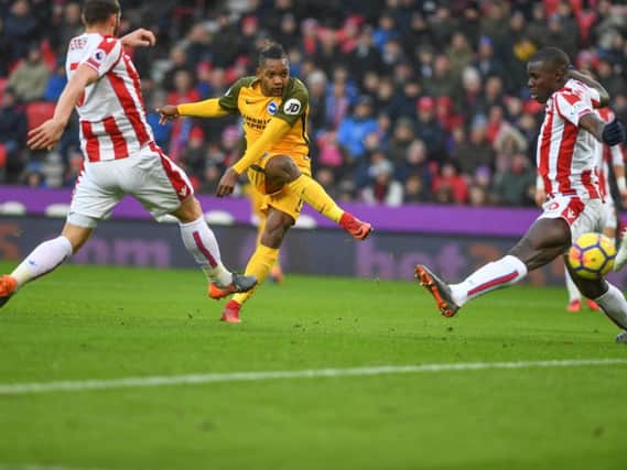 Jose Izquierdo gives Albion the lead at Stoke. Picture by Phil Westlake (PW Sporting Photography)