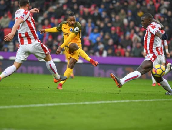 Jose Izquierdo scores Albion's goal at Stoke. Picture by Phil Westlake (PW Sporting Photography)
