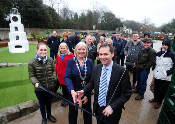 Jacky Pendleton, Arun District Council chairman, cuts the ribbon with ISS Facility Services Landscaping managing director Phil Jones