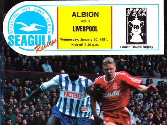 The front cover of Albion's matchday programme for the FA Cup replay with Liverpool in 1991.