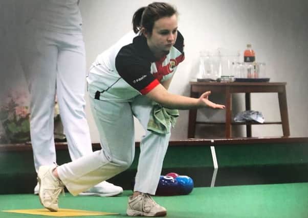 Alice Phillimore bowling at the BIWIBC (British Isles Women's Indoor Bowls Council) Ladies' Under 25 International Series.