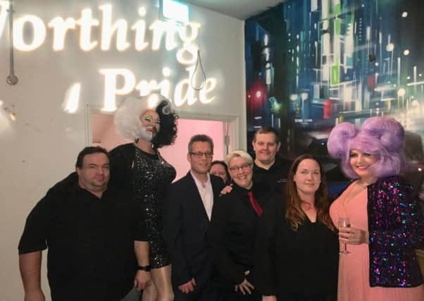 Worthing Pride organisers with drag host Spice and singer Miss Disney at the launch event, held at The Libertine in Portland Road, Worthing