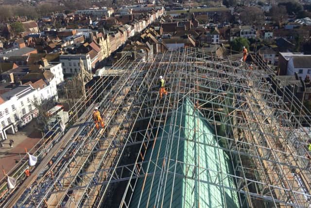 Chichester Cathedral roof repairs. View from the base of the spire towards Market Cross, Feburary 16 2018. Photo: Anna Khoo