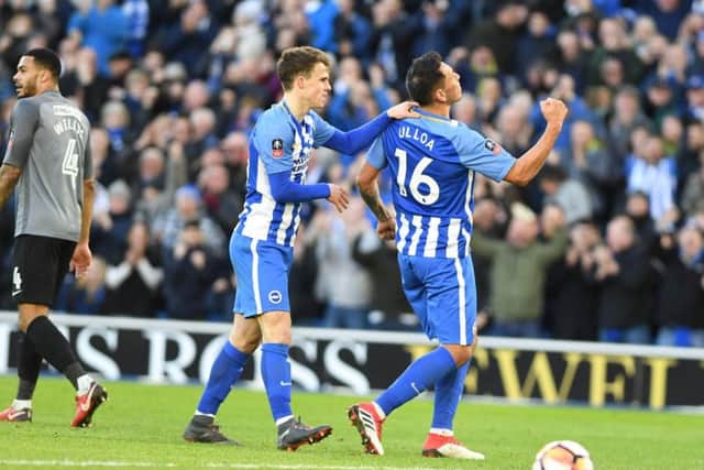 Leonardo Ulloa celebrates his first goal since returning to Brighton. Picture by PW Sporting Photography