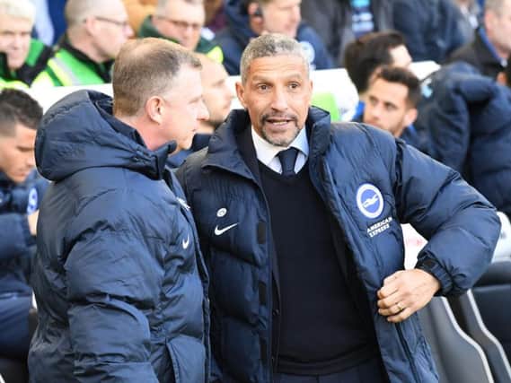 Chris Hughton and Coventry City boss Mark Robins chat pre-match. Picture by PW Sporting Photography