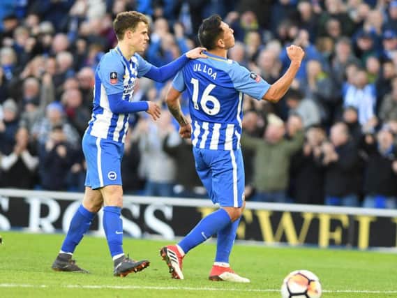 Leonardo Ulloa celebrates scoring his first goal since rejoining Brighton. Picture by Phil Westlake (PW Sporting Photography)