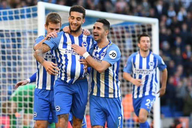 Connor Goldson celebrates putting Albion 2-0 ahead. Picture by Phil Westlake (PW Sporting Photography)