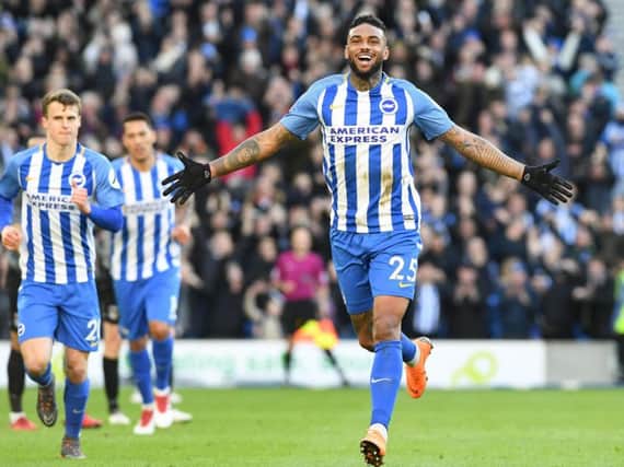 Jurgen Locadia celebrates scoring his first Albion goal. Picture by Phil Westlake (PW Sporting Photography)