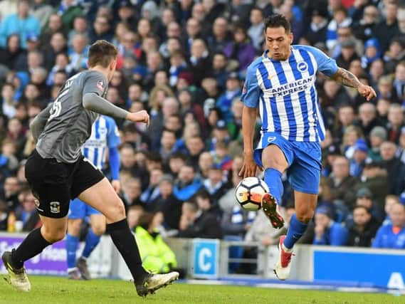 Leonardo Ulloa in action during Albion's FA Cup win against Coventry. Picture by Phil Westlake (PW Sporting Photography)