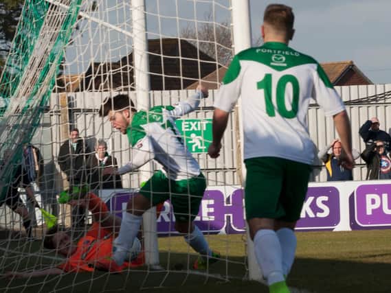 Richard Gilot makes sure the ball is in the net for Bognor's opening goal / Picture by Tommy McMillan