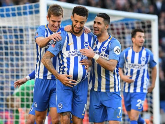 Connor Goldson celebrates scoring in Albion's FA Cup win against Coventry. Picture by Phil Westlake (PW Sporting Photography)
