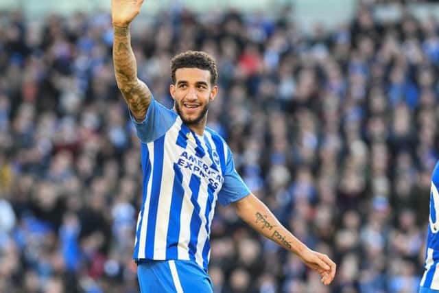 Connor Goldson waves to his girlfriend in the crowd after scoring against Coventry. Picture by Phil Westlake (PW Sporting Photography)