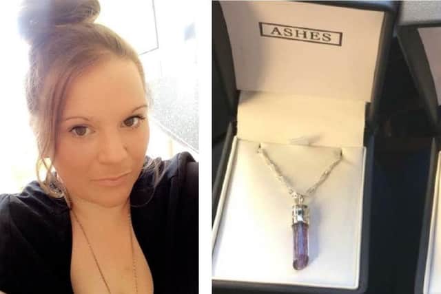Laura Newland two weeks before she died aged 30, and right, the lost necklace made from Laura's ashes
