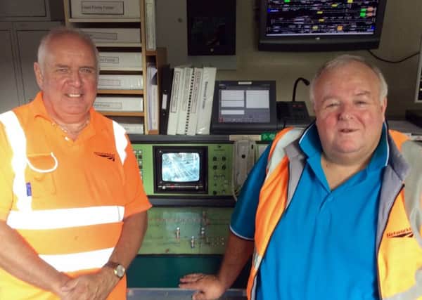 Councillor Mike Northeast and Network Rail Level Crossing Manager Clive Robey visited Arundel signal box which controls Lyminster level crossing. The TV picture on view shows the view that the signalman has of the crossing to ensure the safe lowering of the barriers.