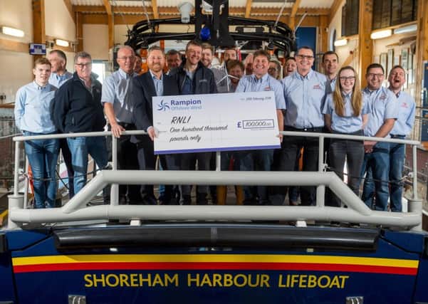 Chris Tomlinson and Richard Crowhurst from Rampion Offshore Wind Farm made the presentation to Brighton lifeboat operations manager Roger Cohen, Littlehampton lifeboat operations manager Nick White, Shoreham coxswain Steve Smith and Shoreham operations manager Peter Huxtable at Shoreham Harbour Lifeboat Station